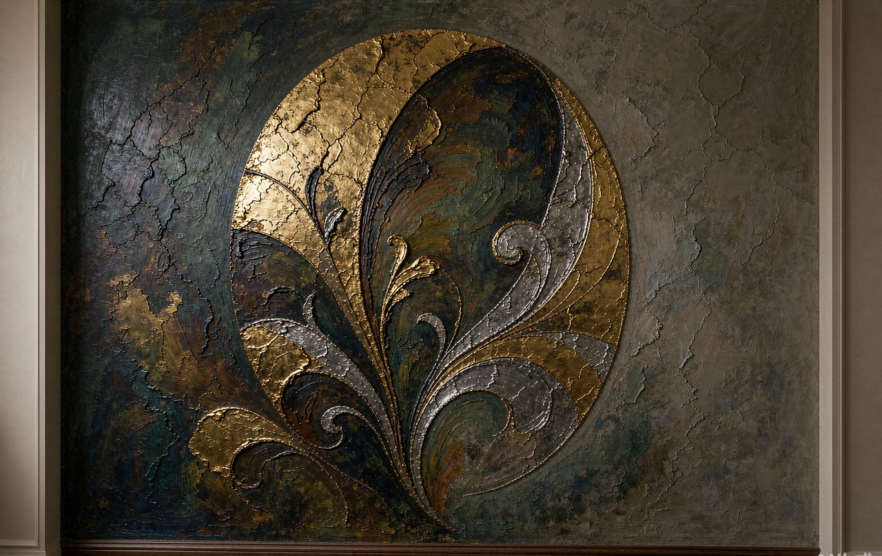 绍兴墙绘壁画 · 金箔银箔肌理画实景